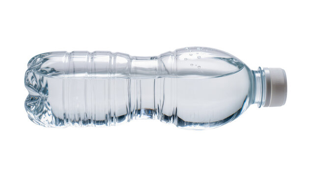 Clear plastic water bottle filled with pure liquid showcasing condensation droplets and a gray screw-cap, isolated on transparent background for beverage ads