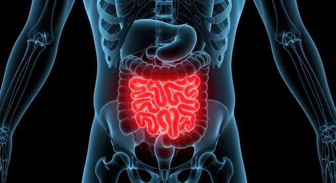 The human digestive system with a glowing red large intestine and small intestine is visible through a transparent blue skeleton on a black background.