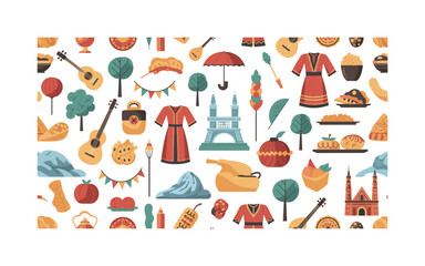Fototapeta premium cultural celebration seamless pattern, repeating pattern, surface design, textile print, modern illustration of festivals, ethnic clothing, instruments, foods,