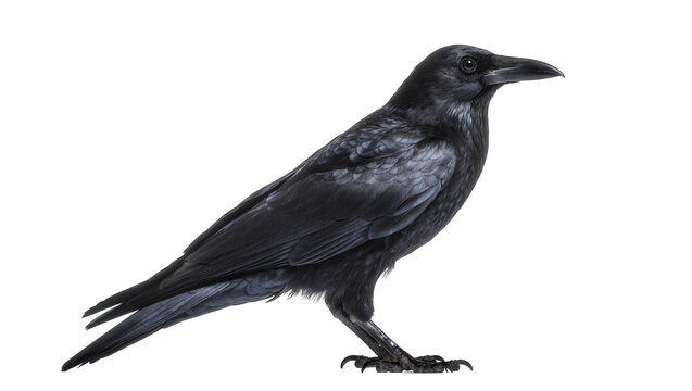 Glossy black raven perched attentively with sharp beak and sleek feathers, isolated on transparent background for wildlife designs