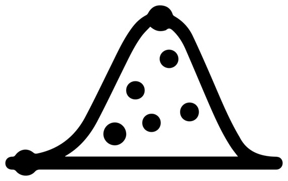 Minimalist black line art icon representing a scatter plot graph with data points distributed along a bell curve symbolizing statistical analysis data visualization and scientific