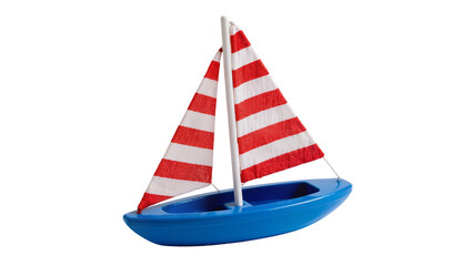 Bright blue toy sailboat with red and white striped fabric sail, isolated on transparent background...
