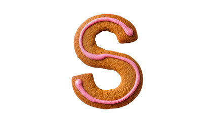 Obraz premium Gingerbread letter S cookie with pink icing frosting swirls, isolated on transparent background for festive holiday baking designs