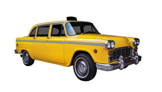 Vintage yellow taxi cab with black and white checkerboard detailing, isolated on transparent background for transportation graphics and advertising designs