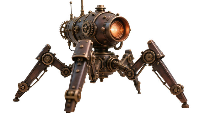 Intricate steampunk robotic spider with brass gears copper pipes and glowing orange lens, isolated on transparent background for futuristic designs