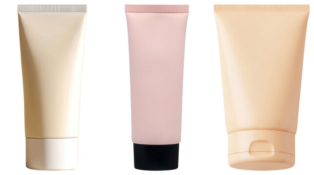 A trio of elegant cosmetic cream tubes in different pastel shades, perfect for skincare, beauty.