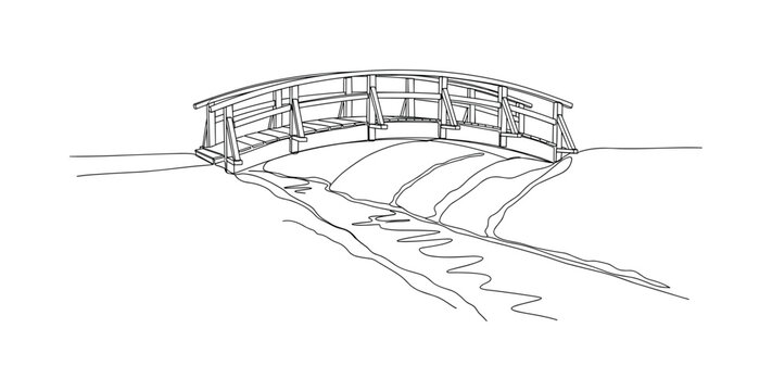 Eco Wooden Bridge. Minimalistic one-line drawing small pedestrian bridge made of timber over natural watercourse, continuous single black line on white