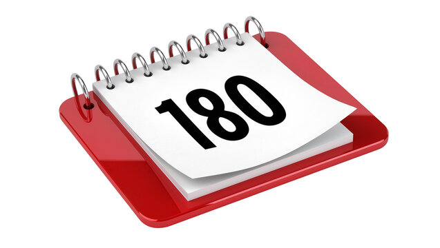 Glossy red spiral notebook page displaying large black number 180, isolated on transparent background for calendar planning and event scheduling