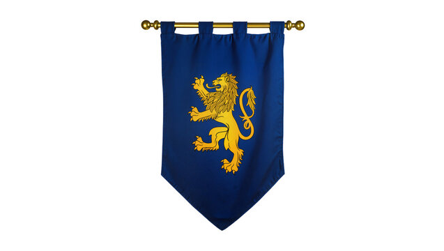 Royal blue heraldic banner displaying a golden rampant lion emblem, isolated on transparent background for heraldry designs and medieval themes