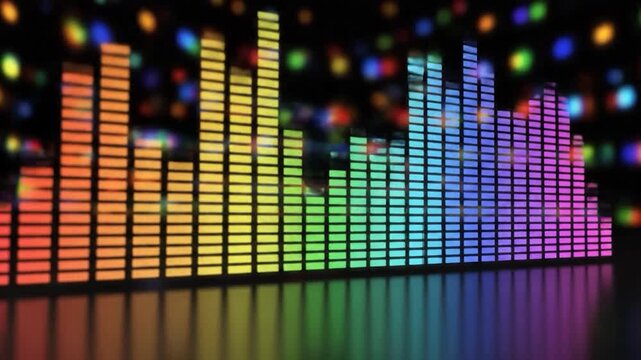 A vibrant audio equalizer displays sound levels with a colorful spectrum against a bokeh background of lights