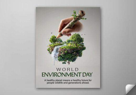 Editable World Environment Day Social Media Post Template with Hand Drawing Floating Island by Pencil on Grey Background Photo.