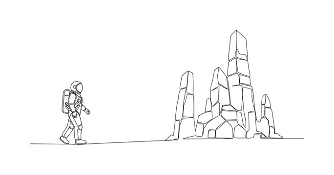 Interstellar Relic Hunt. Minimalistic one-line drawing astronaut walking near alien stone structures, continuous single black line on white background, simple