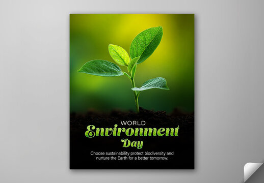 Editable World Environment Day Social Media Post Template with Green Plant Growing in Soil Photo.