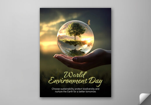 Editable World Environment Day Social Media Post Template with Hand Holding Glass Globe and Green Tree at Sunset Photo for Sustainability Concept.