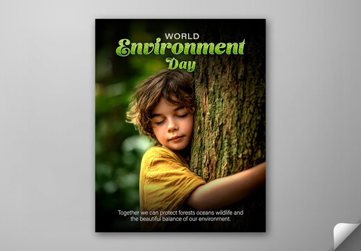 Editable World Environment Day Social Media Post Template with Child Boy Hugging Tree Photo for Nature Protection Campaign.