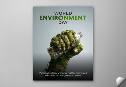Editable World Environment Day Social Media Post Template with Moss Covered Hand Crushing Plastic Bottle on Grey Background Photo for Environmental Awareness Campaign.