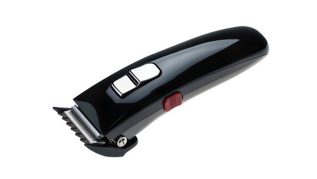 Sleek black electric hair clipper with silver blade and red power button, isolated on transparent background for barber shop promotions