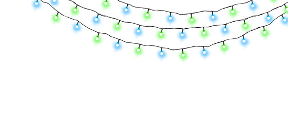 Fototapeta premium Colorful blue and green string lights on white background for decoration and ambiance