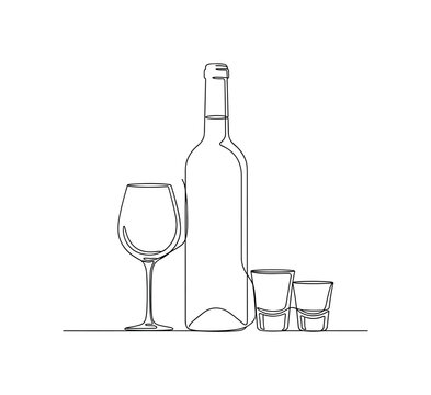 Wine and Spirits. Minimalistic one-line drawing wine bottle with glasses and small shot, continuous single black line on white background, simple outline