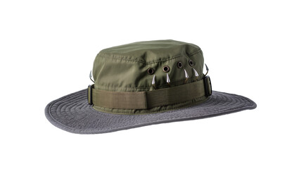Olive green safari hat with gray brim and adjustable strap, isolated on transparent background for outdoor apparel mockups and fashion designs © Joao