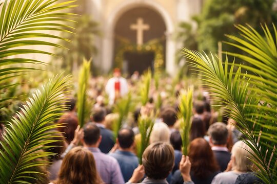Palm leaves in foreground during a crowded palm sunday procession representing christian tradition faith community and holy week celebration.