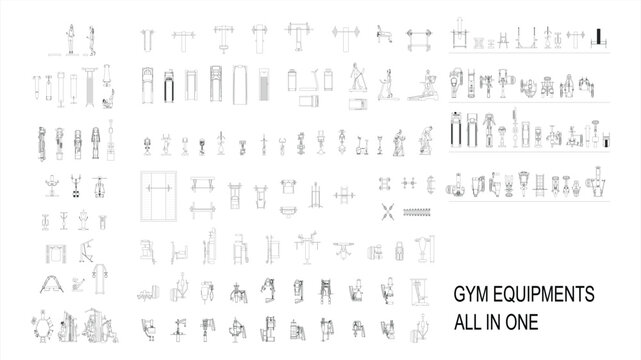 Gym equipment, technical CAD line art vector of multiple all-in-one fitness machines on white background