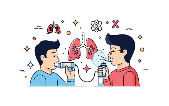 Lungs breathing air lung capacity measurement scene where a person uses a spirometer while small sparkle and line icons emphasize health, function, and