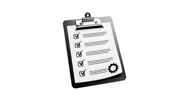 Black plastic clipboard holding a checklist with ticked boxes and a gear icon, isolated on transparent background for business reports and approvals