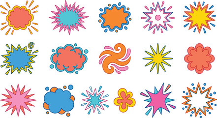 Cute burst symbol set with colorful comic starbursts, splash shapes and playful pop accents in bright tones for stickers, kids branding, posters, labels, packaging and fun graphic layouts © ArtMint