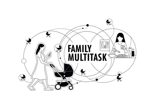 family multitask geometric rings intersecting lines and minimal stroller icons realistic black and white mom pushing stroller while checking phone