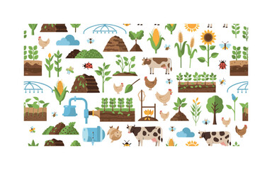 Naklejka premium sustainable agriculture without synthetic chemicals seamless pattern, repeating pattern, surface design, textile print, modern illustration of crops, soil,