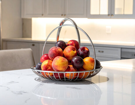 A stylish metal basket overflowing with fresh peaches and plums sits on a white marble countertop. This bright image showcases healthy eating and organic fruit in a modern kitchen interior.
