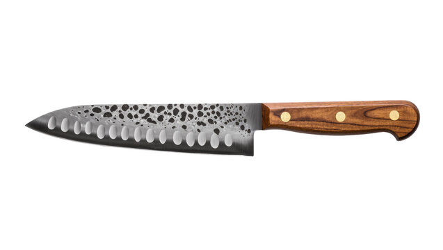 Sharp Damascus steel chef s knife with a polished wooden handle and three brass rivets, isolated on transparent background for culinary designs