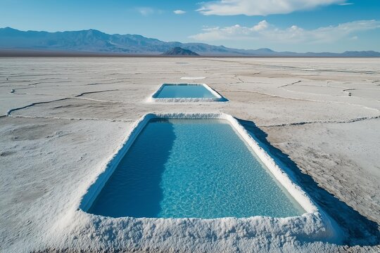 Aerial view of Ojo de Aguawater pool in Salinas Granes salt desert Argentina