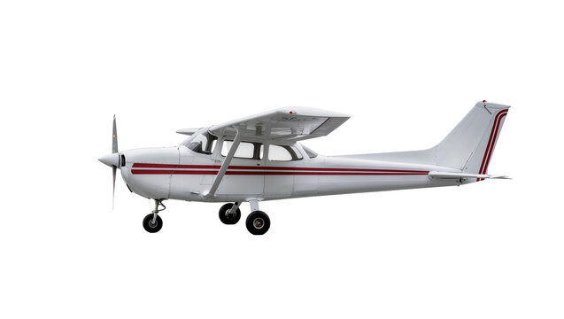 Small single-engine airplane with red and silver stripes, gracefully suspended isolated on transparent background for aviation design projects
