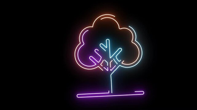 Neon tree outline with purple blue and orange glow on black background glowing light