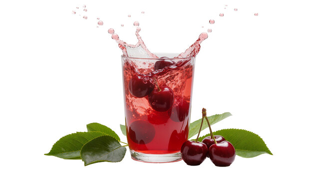Vibrant red cherry juice splashing dramatically from a clear glass, isolated on transparent background for beverage advertising and menus