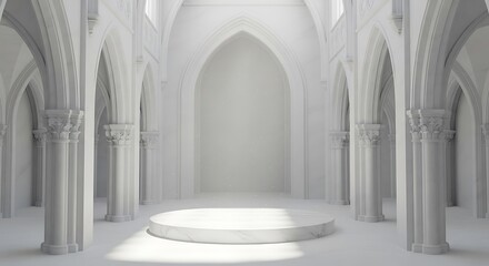 Fototapeta premium Minimalist white gothic cathedral interior, ethereal stone archway hall with central podium, bright empty church sanctuary for product display