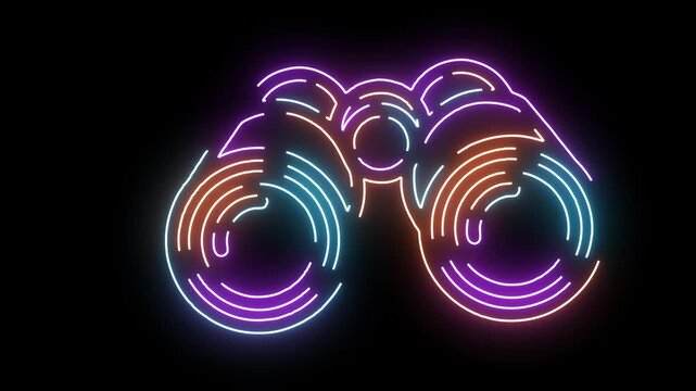 Neon Binoculars with Gradient Light on Black Background stock photo
