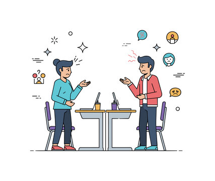 Fight between friends classroom spat scene where friends display frustration and crossed arms while small sparkle and line icons emphasize social tension,