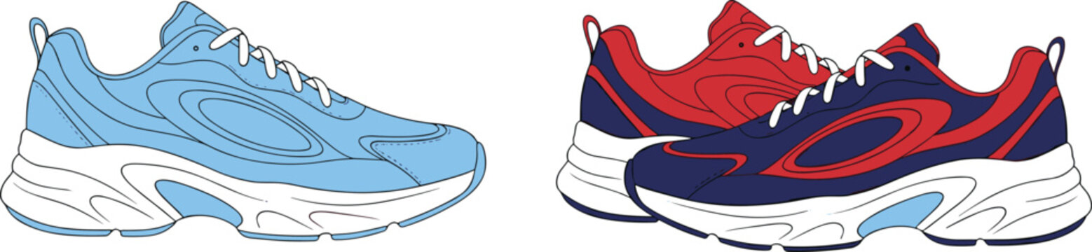 Modern Running Sneakers Set with Blue and Red Athletic Shoes, Sport Footwear Design for Fitness, Jogging, Training and Streetwear Vector Illustration