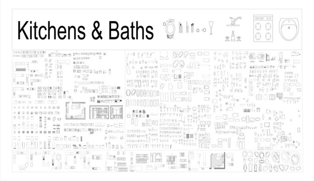 Kitchen and Bathroom CAD Block Set &ndash; AutoCAD EPS 10 Vector Line Art Architectural Elements Isolated on White Background