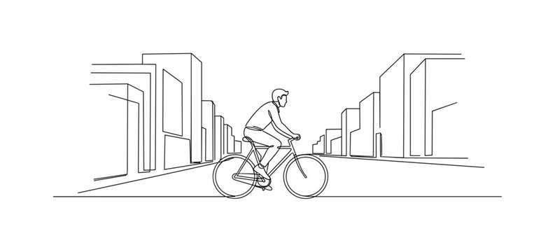 Urban Cycling. Minimalistic one-line drawing person riding bike on city street with buildings, continuous single black line on white background, simple outline