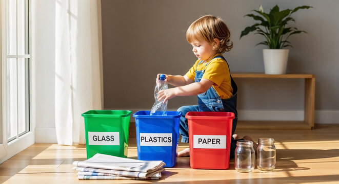 Toddler recycling plastic bottle into blue bin. Small child practices toddler recycling, sorting glass and paper.