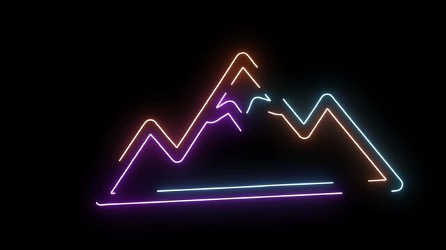 Neon mountain range icon with purple blue and orange glow on black Background Keywords: mountains