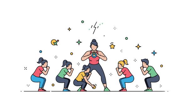 Squat group workout scene where multiple people perform squats together while small sparkle and star icons emphasize teamwork, energy, and motivation. The