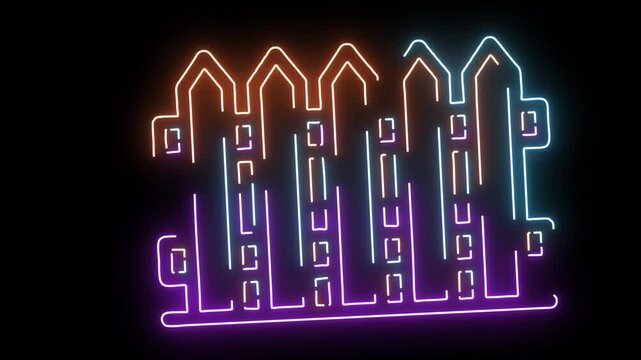 Neon fence icon with purple blue and orange glow on black Background Keywords: fence, barrier