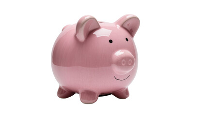 Fototapeta premium Smiling pink ceramic piggy bank with glossy finish and curled tail, isolated on transparent background for financial concepts and savings