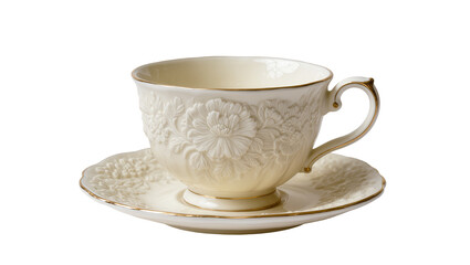 Elegant ivory porcelain teacup with embossed floral design and gilded rim resting on matching saucer, isolated on transparent background for luxury branding