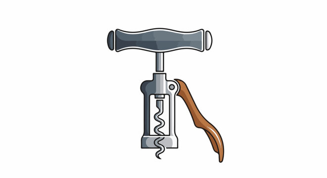 A metal and wood corkscrew with a spiral worm and T-shaped handle